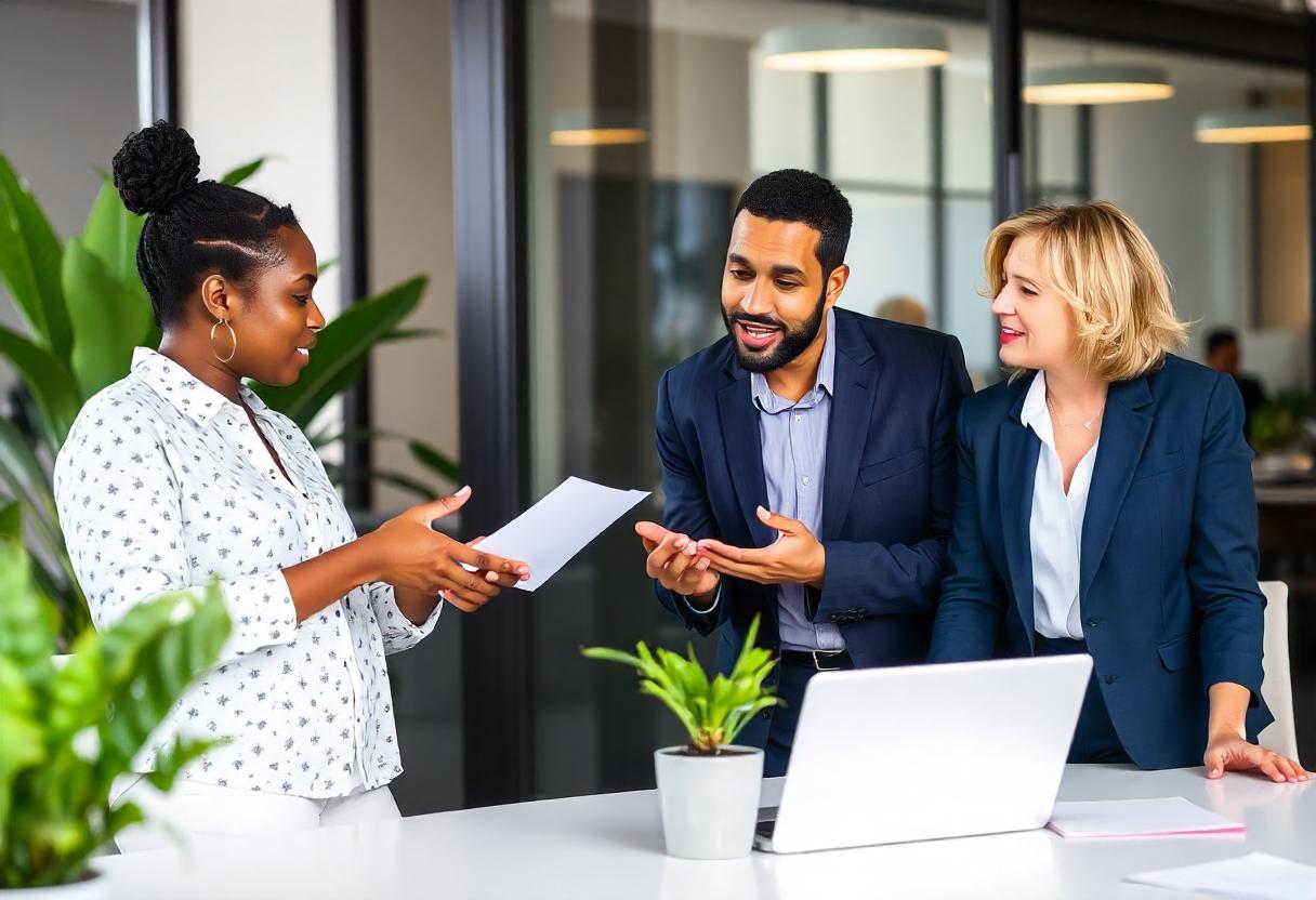 A group of professionals discussing jobs in the Caribbean in a modern office with greenery and a laptop.