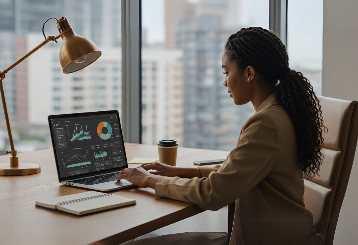 A person in a beige blazer works on a laptop displaying data charts, with a coffee cup and notebook on a wooden desk, while searching for marketing jobs near me.
