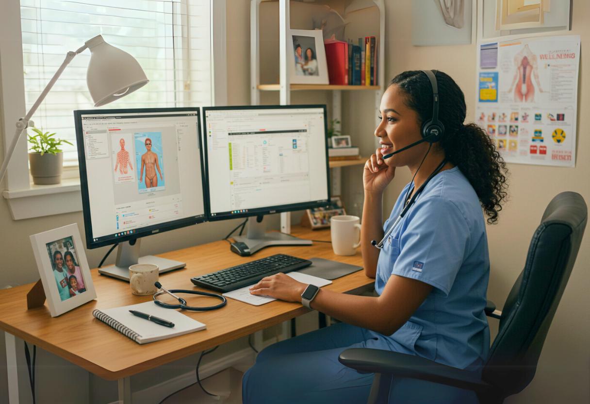 A healthcare professional in scrubs, embracing work from home nursing jobs, uses dual monitors to review patient information in a home office, with a stethoscope nearby.