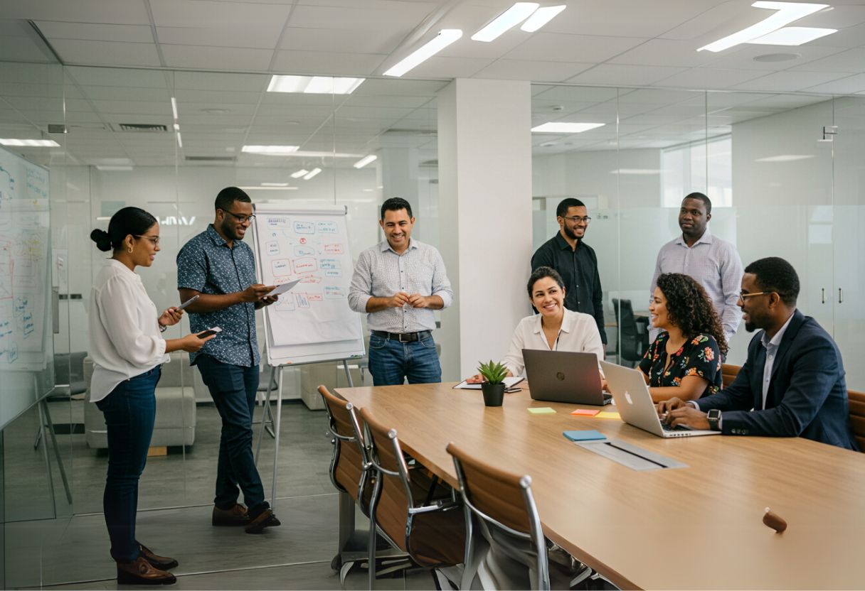 Professionals meet around a conference table, discussing opportunities aligned with Fairview Careers.