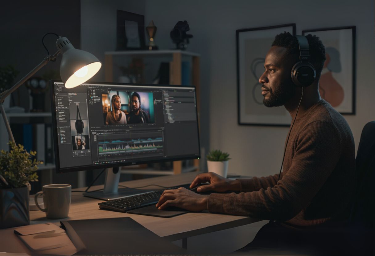 A person working on Video Editor Jobs, editing footage on a modern computer in a creative workspace.