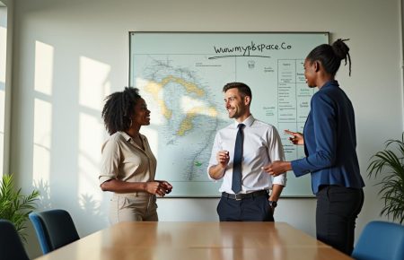Three professionals engage in discussion in a bright conference room, with a map and notes displayed on the wall behind them, strategizing on how Caribbean employers can leverage a recruitment platform for better hiring.